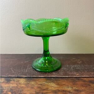 Jefferson Glass 1904 Green Opal Alpine AKA Swag Wreath & Brackets Footed Compote